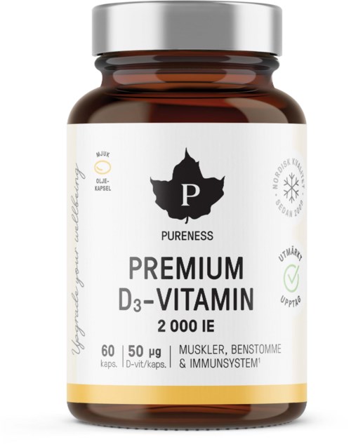 A supplement bottle labeled 'Premium D3-Vitamin' with 60 capsules, supporting bones, muscles, and immune system.