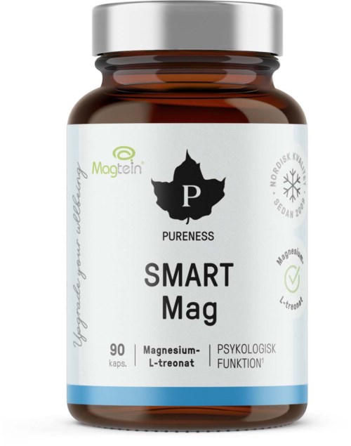 En kosttilskuddsflaske kalt SMART Mag med magnesium og L-treatons, for mental funksjon, med ren etikett.