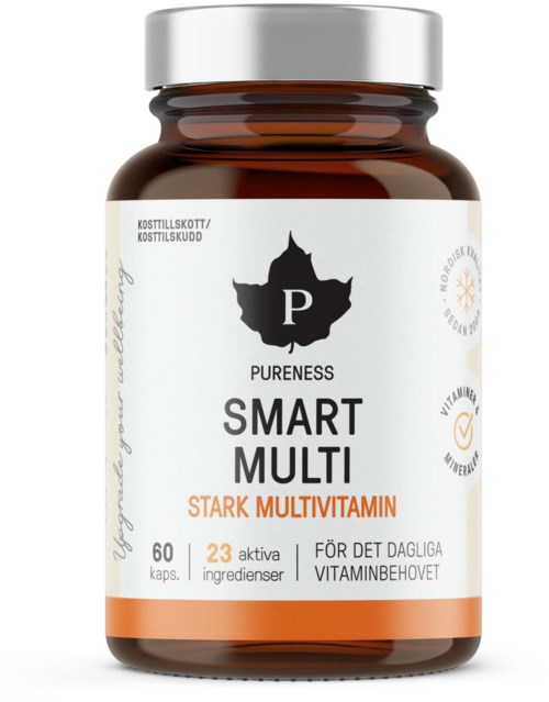 Vitamin supplement bottle labeled 'Pure Pureness Smart Multi' with 60 capsules, promoting multivitamins with 23 ingredients for daily needs.