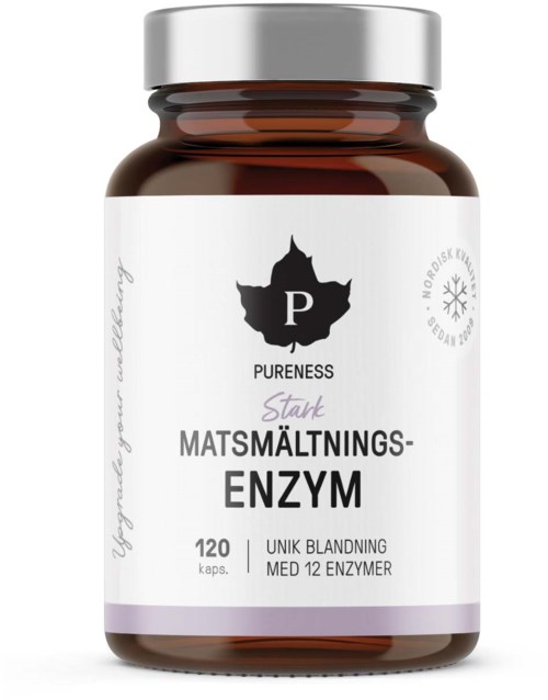 A brown bottle with a white label showing a black leaf and text about a digestion enzyme supplement.