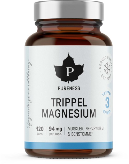 A brown supplement bottle with a white label. It mentions magnesium, muscle and nerve health, and has a 'Triple Effect' claim.