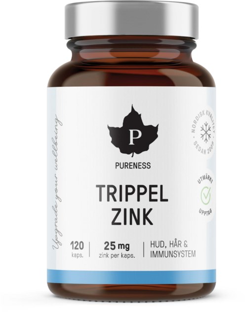 Bottle of supplement named Trippel Zink with 120 capsules, 25 mg zinc in each, for skin, hair, and immune health.
