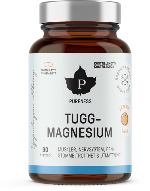 En brun flaske med hvit etikett og sølvlokk. Den er merket som magnesium-tilskudd for muskler og nerver.