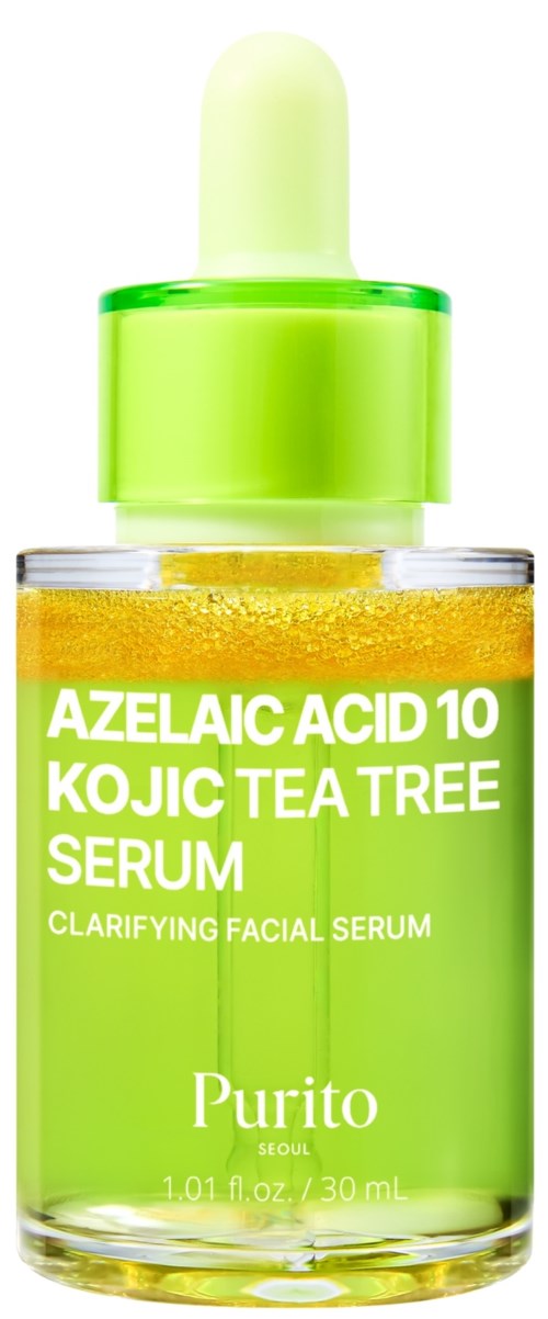 En grön flaska som innehåller ansiktsserum med azelainsyra och te träd, märkt som klarande och från Purito.