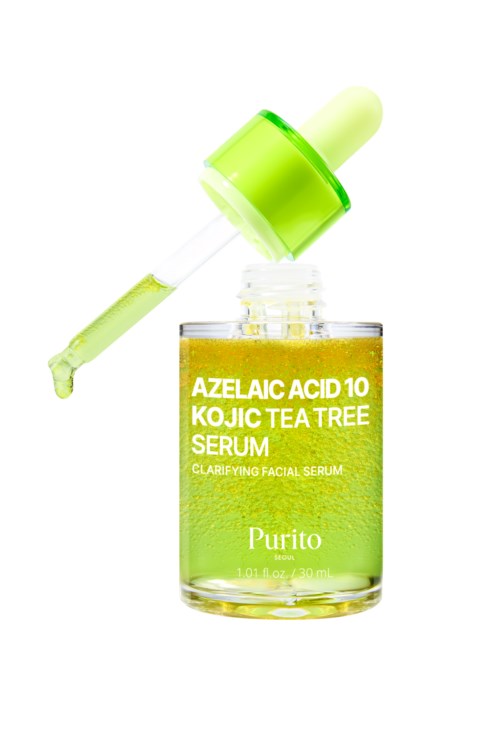 En liten glasflaska med dropper visar gul serum märkt Azelaic Acid, Tea Tree och Rengörande ansiktsserum.