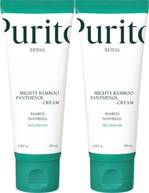 Twee tubes van Purito Mighty Bamboo Panthenol Cream naast elkaar.