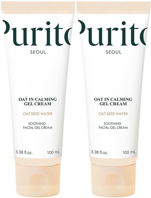 Twee tubes van Purito Oat in Calming Gel Cream met lichtbeige doppen en witte lichaamsdelen.