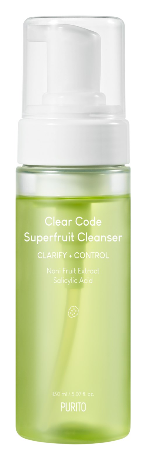 A green bottle with a white cap containing Superfruit Cleanser, designed for clear, healthy skin.