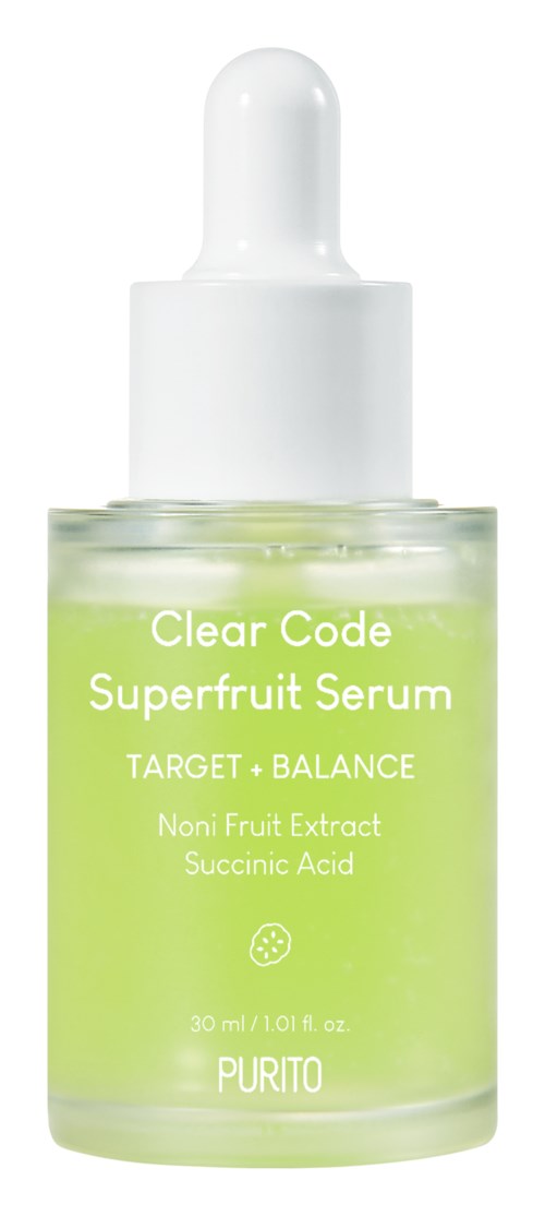 A small bottle of green serum with a dropper, labeled Clear Code Superfruit Serum, aims to boost skin health.