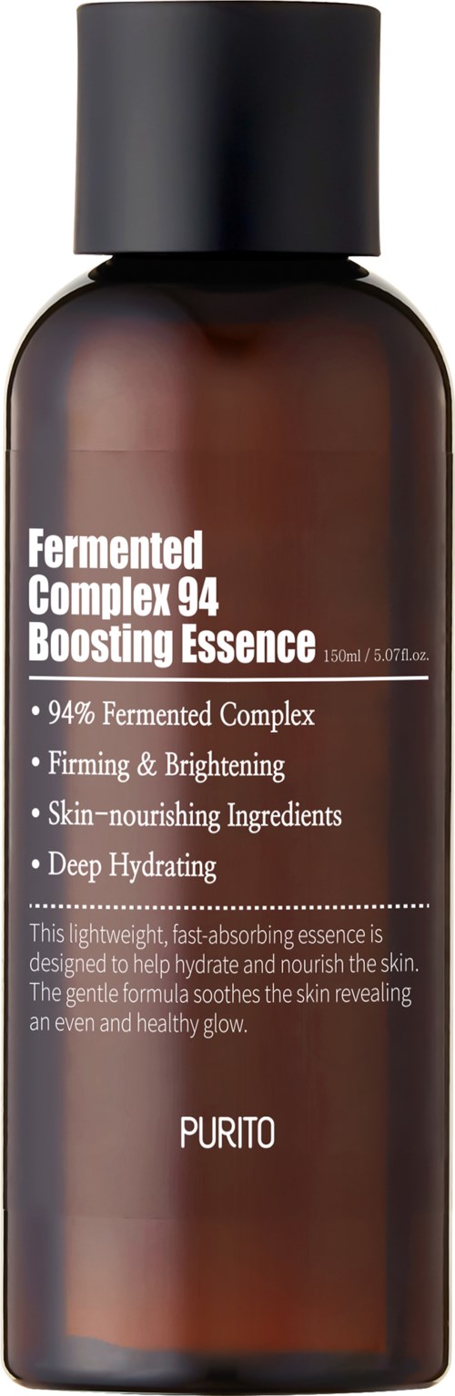 Een donkerbruine fles met het label Fermented Complex 94 Boosting Essence van Purito, lichtgewicht en ontworpen om de huid te hydrateren en te verhelderen.