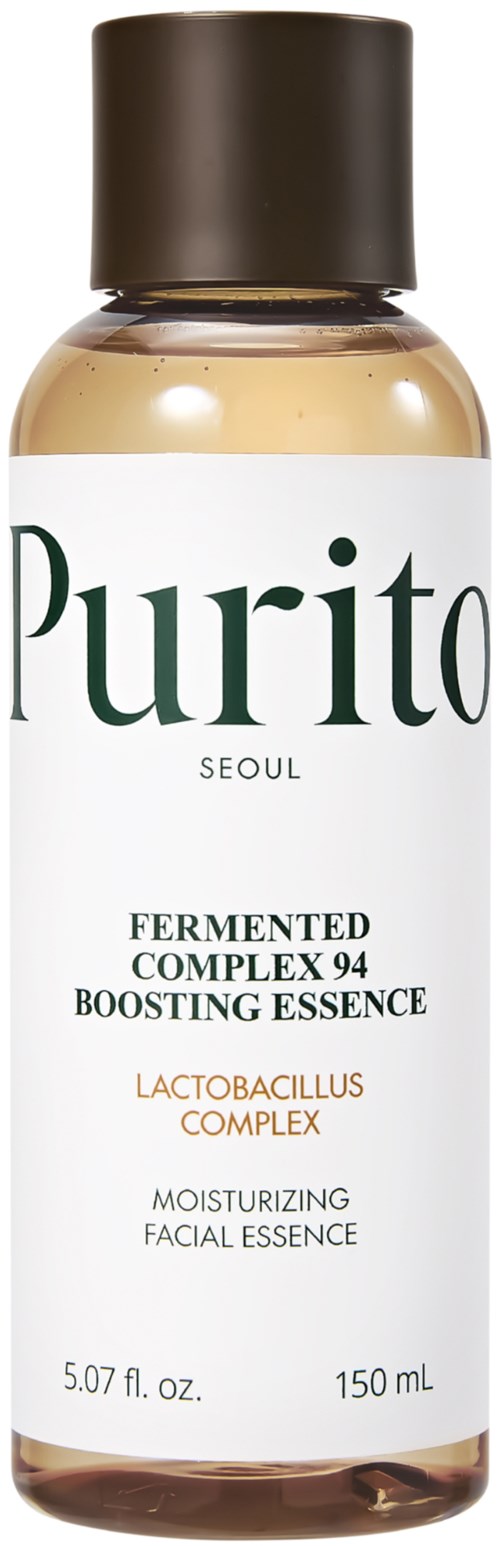 Een klein flesje gezichtsessence van Purito uit Seoul met gefermenteerd complex en hydraterende ingrediënten.