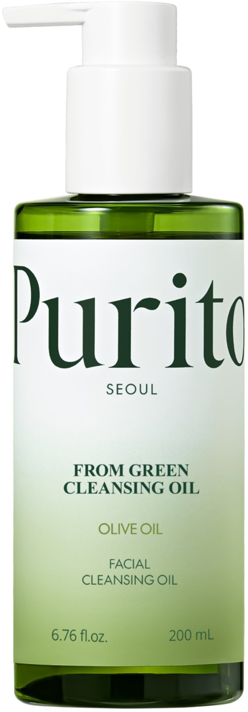 Eine grüne Flasche mit weißem Pumpaufsatz, beschriftet Purito aus Seoul, enthält Reinigungsöl mit Olivenöl.