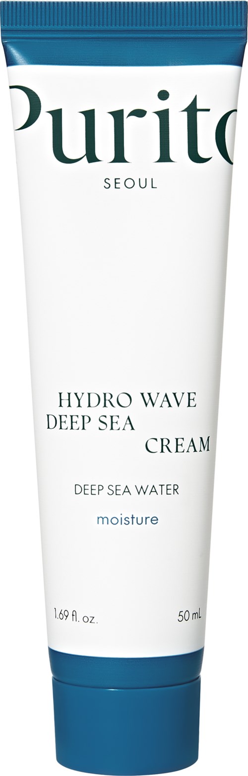 Een witte en blauwe tube met Hydrowave Deep Sea Cream van Purito, met tekst over hydratatie uit diepzeewater.
