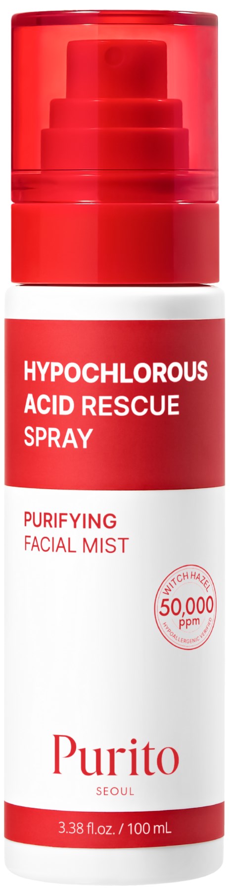 En hvit og rød flaske med ansiktspray kalt Purito, med informasjon om rensende egenskaper og aknebekjempelse.