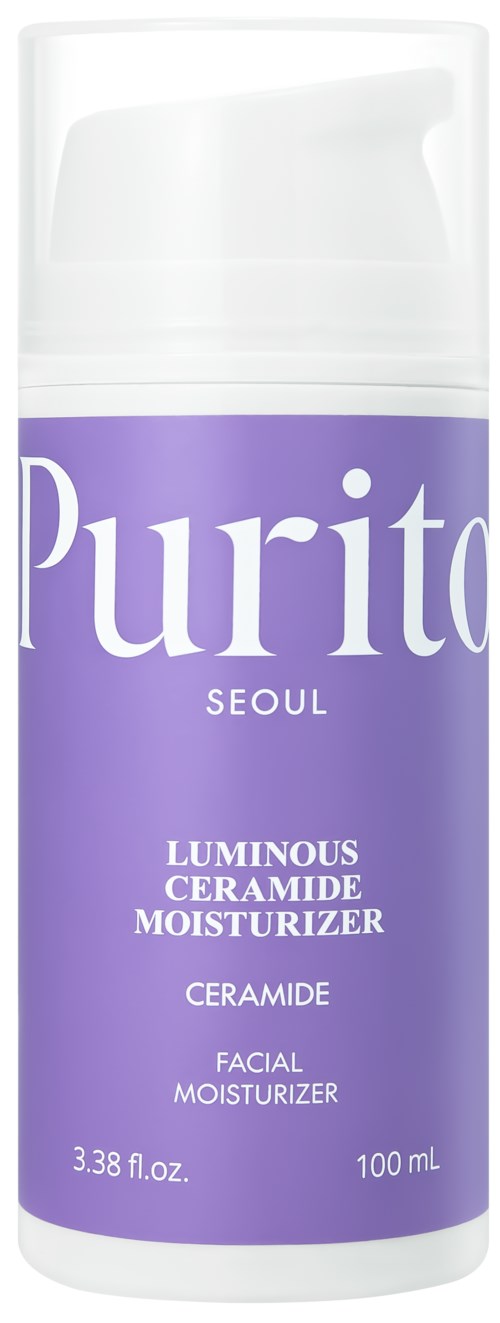 A purple bottle labeled Puri, Seoul, with a white cap, containing luminous ceramide moisturizer.