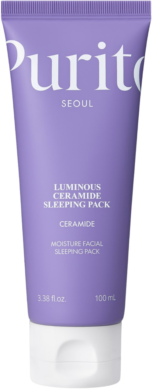 Purple tube labeled Purito Seoul with notes on skincare products for sleeping and skin hydration.