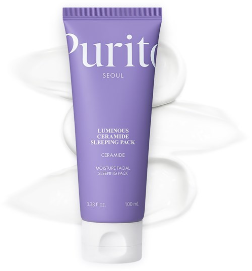 Purple tube of skincare product with white text, surrounded by white cream or lotion, label mentions ceramide and sleeping pack.