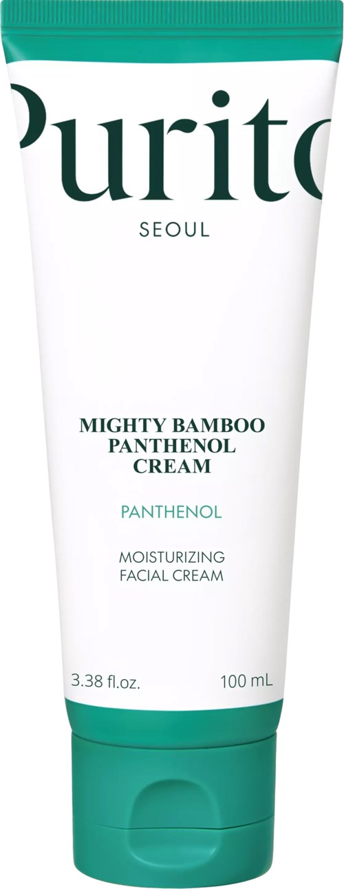 Een witte en groene tube gezichtscrème met label Purito Seoul, hydraterend met bamboe en panthenol.