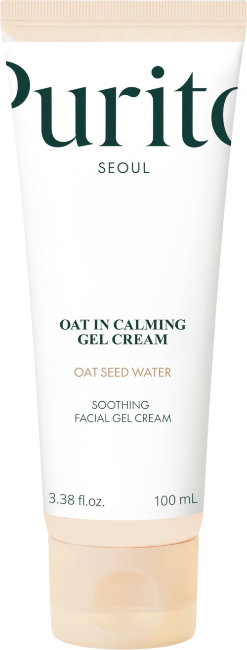 A white tube of facial gel cream labeled Purito Seoul, contains oat seed water for calming skin.