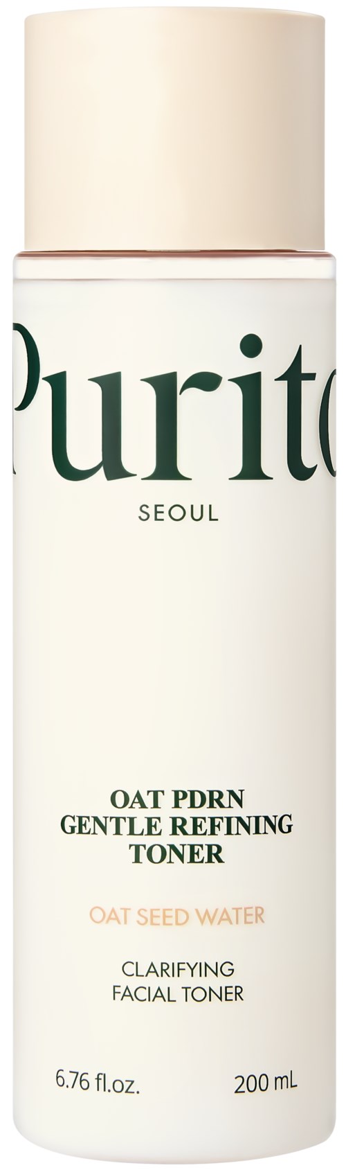 En hvit flaske med beige lokk merket Purito Seoul Oat PDRN Gentle Refining Toner, 200 ml.
