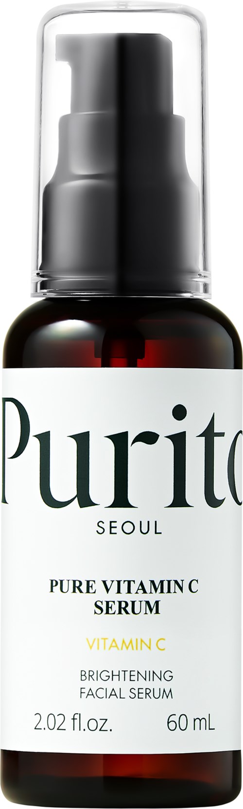 Een donkere fles bevat Purito Pure Vitamin C Serum met pomp en label met naam en doel.