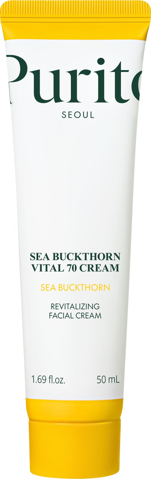 Een tube met witte en gele ontwerp met label Purito Sea Buckthorn Vital 70 Cream voor huidvernieuwing.