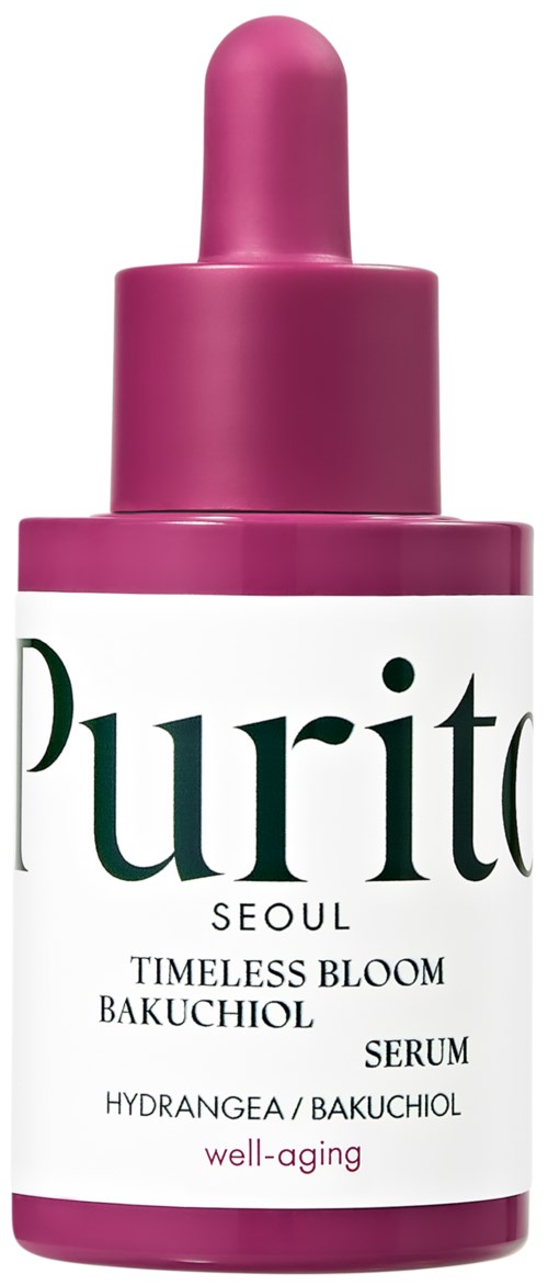 En rosa flaska med pipettlock innehållande Purito Seoul serum för åldrande hud. Ingredienser inkluderar Bakuchiol och Hortensia.