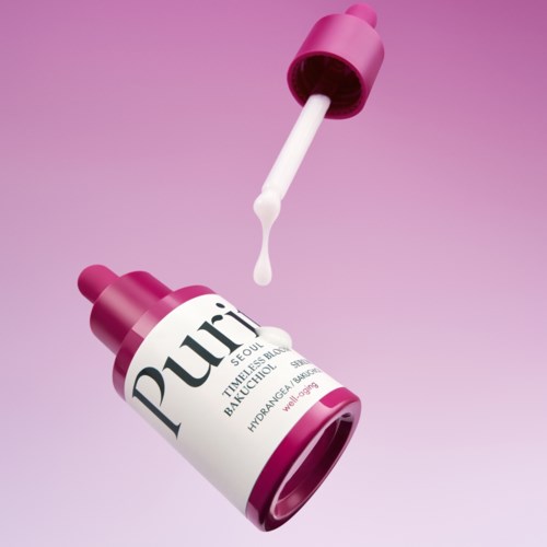 En rosa och vit dropperflaska med vätska som faller och en rosa lock, mot en rosa gradientbakgrund.