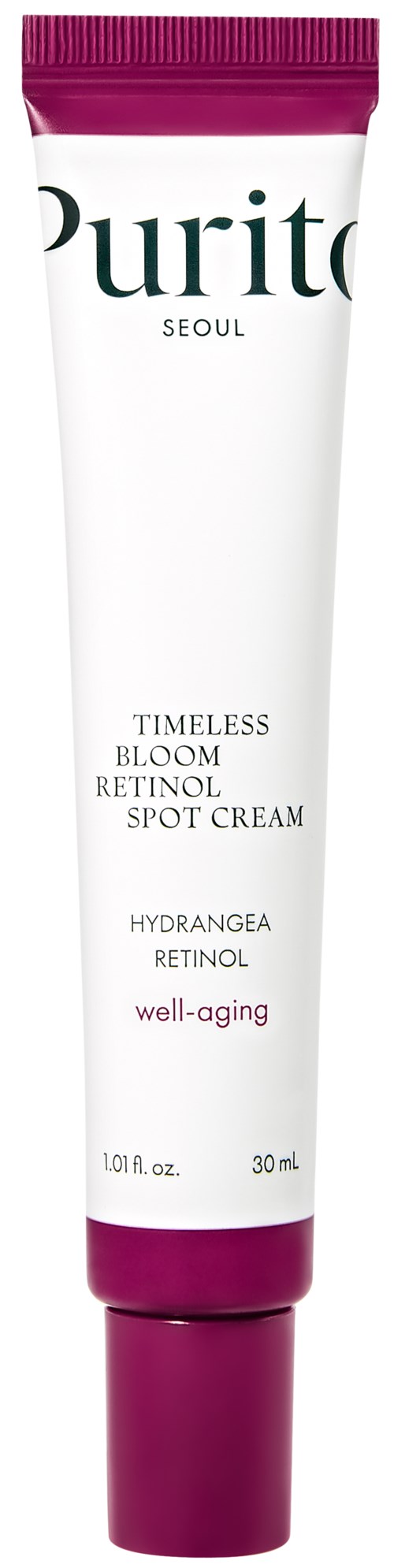 Valkoinen putki, jossa on pinkki korkki ja pohja, merkitty Purito Seoul, Timeless Bloom Retinol Spot Cream, 30 ml.
