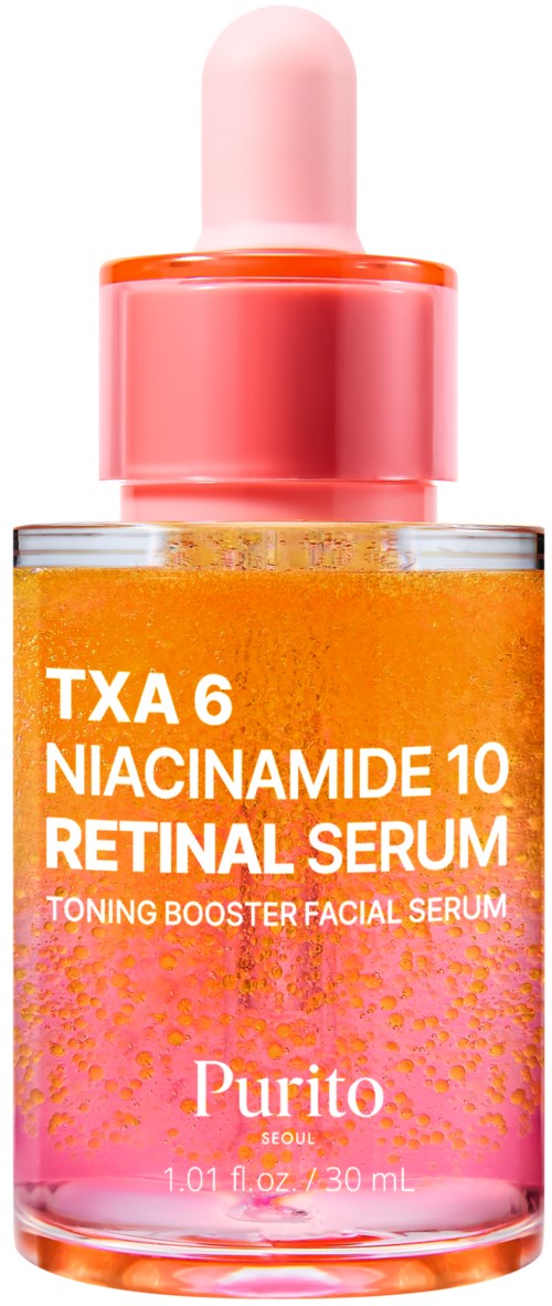 En flaska ansiktsserum med orange vätska, rosa kork och etikett med ingredienser som niacinamide och retinol.
