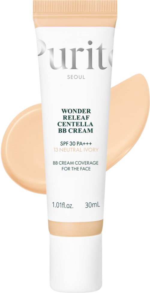 Eine Tube Purito Wonder Releaf Centella BB Cream mit SPF 30 in hellbeiger Farbe, mit einem beige Streifen im Hintergrund.