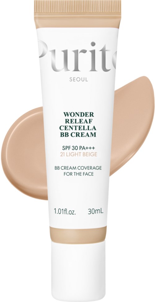 Een tube BB-cream in beige kleur, SPF 30, en lichte beige tint. Merknamen Purito zichtbaar.