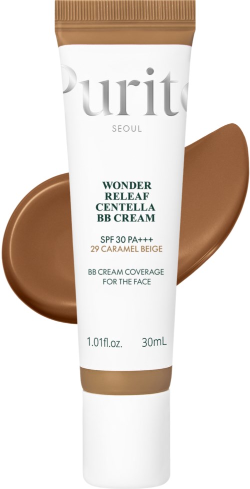 A tube of BB cream with beige and white design, showing product name and SPF protection. Swatch of cream behind.