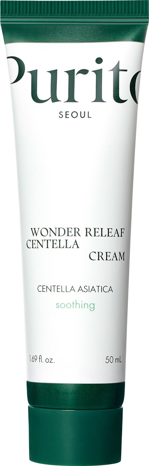 Een tube van Purito Wonder Releaf Centella Cream, rustgevend, met groene en witte verpakking.