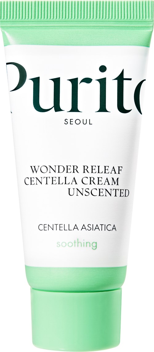 A tube of Purito Wonder Releaf Centella Cream, with green and white packaging, designed to soothe skin.