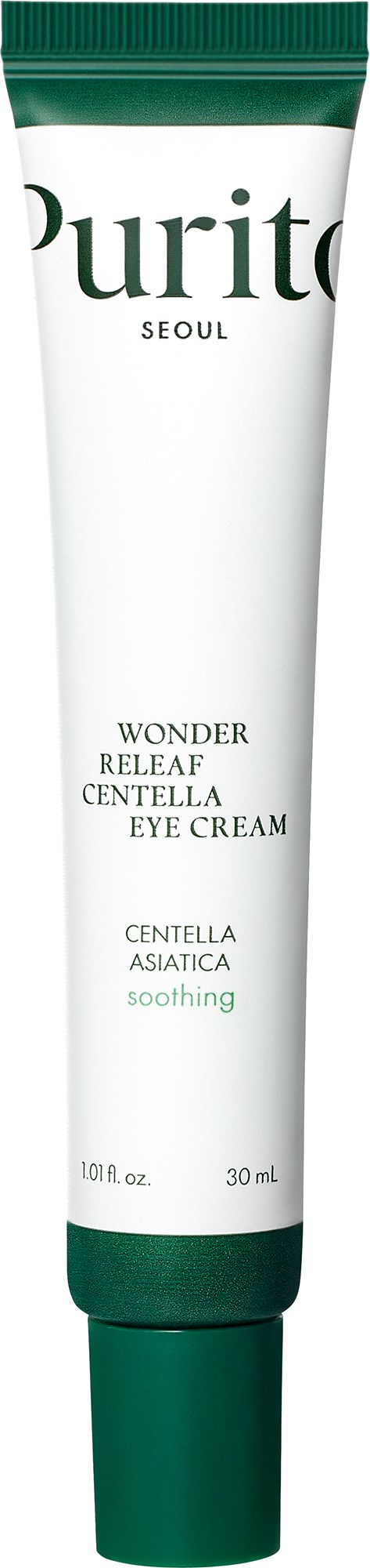 Een tube van Purito Seoul Wonder Relief Centella Eye Cream, voornamelijk wit met groene dop en onderkant. Bevat tekst over het product.