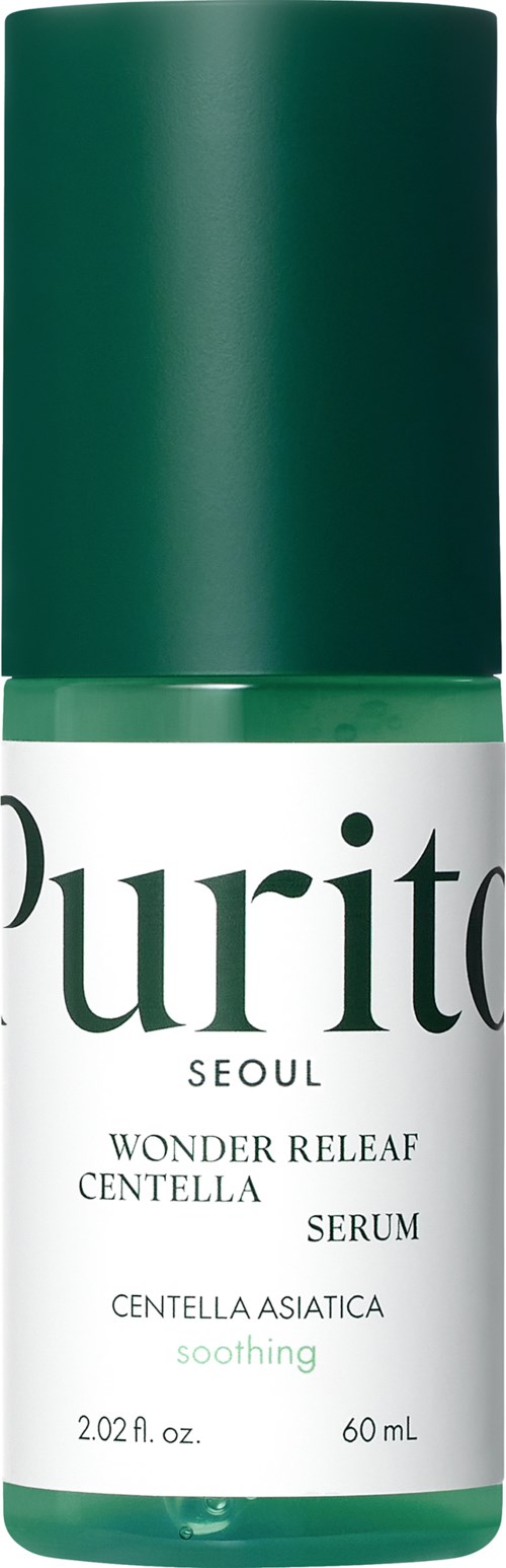 Een groene en witte fles met een huidverzorgingsproduct genaamd Purito Wonder Releaf Centella Serum.