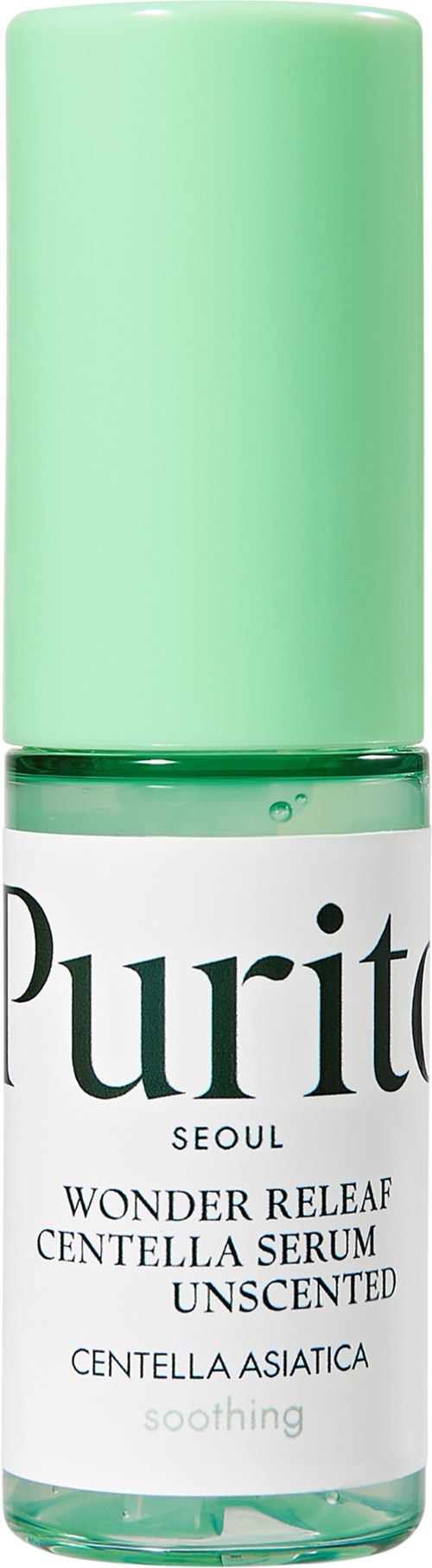 A green and white bottle labeled Purito Wonder Releaf Centella Serum, with a simple design and a green cap.