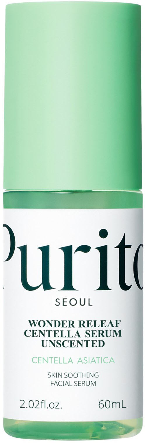 Groene fles met witte label, productnaam is Purito Wonder Releaf Centella Serum, voor kalmerende en helende huid.