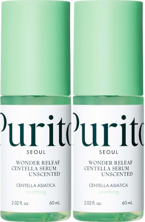 Twee groene en witte flessen van Purito Wonder Releaf Centella Serum, een huidverzorgingsproduct voor kalmerende huid.