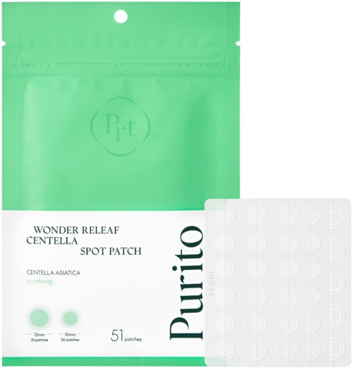 Grüne Verpackung mit Bezeichnung Purito Wonder Releaf Centella Spot Patch und 51 Pflastern. Für die Beruhigung der Haut.
