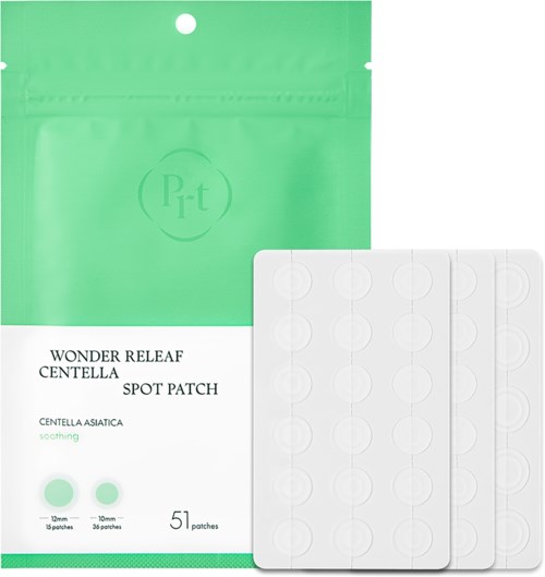 Grüne Verpackung mit 51 Aknepflastern, Etikett sagt Wonder Releaf Centella Spot Patch, beruhigende Hautpflege.