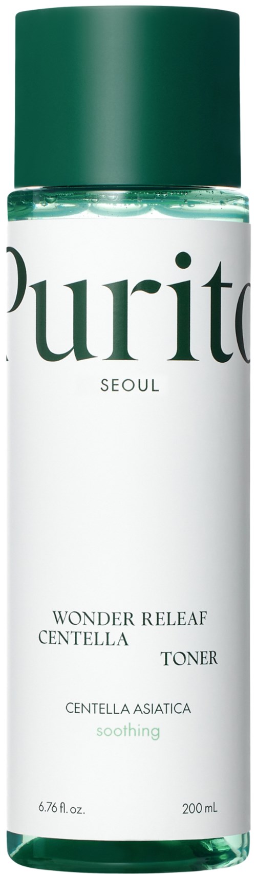 Een witte fles met groene dop voor Purito toner, getiteld Wonder Releaf Centella, kalmerend, 200 ml, uit Seoul.