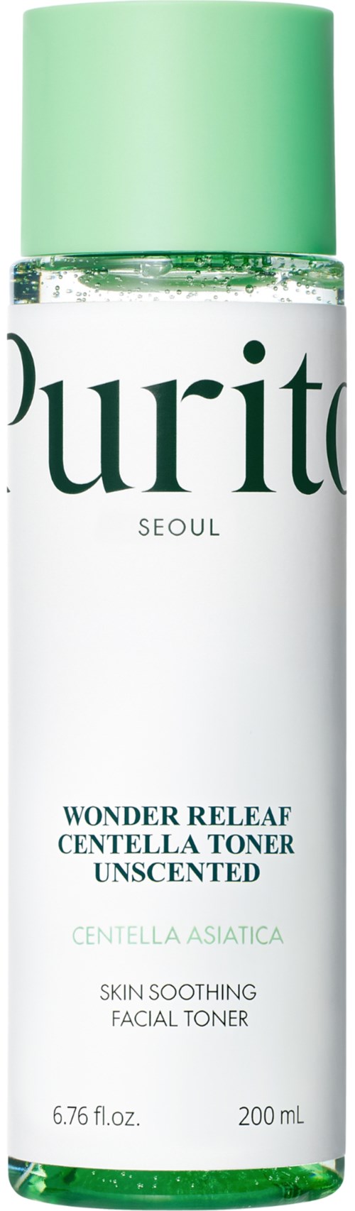 Een heldere gezichtstoner met een groene dop en zwarte tekst, gelabeld Wonder Releaf Centella Toner door Purito Seoul.