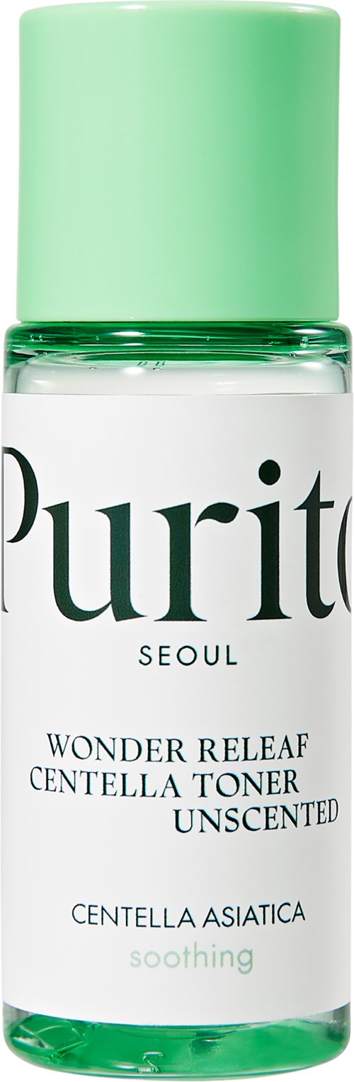 A small, clear bottle with a pale green cap and white label. It is Purito Wonder Releaf Toner with centella.