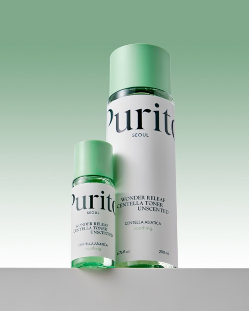 Two bottles of Purito skincare with green caps and white bodies, labeled Wonder Releaf Centella Toner, size 200ml.
