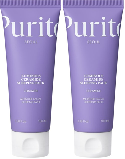 Zwei lila Tuben mit 'Purito Seoul' für Schlafmasken, weißem Text und minimalistischen Design.