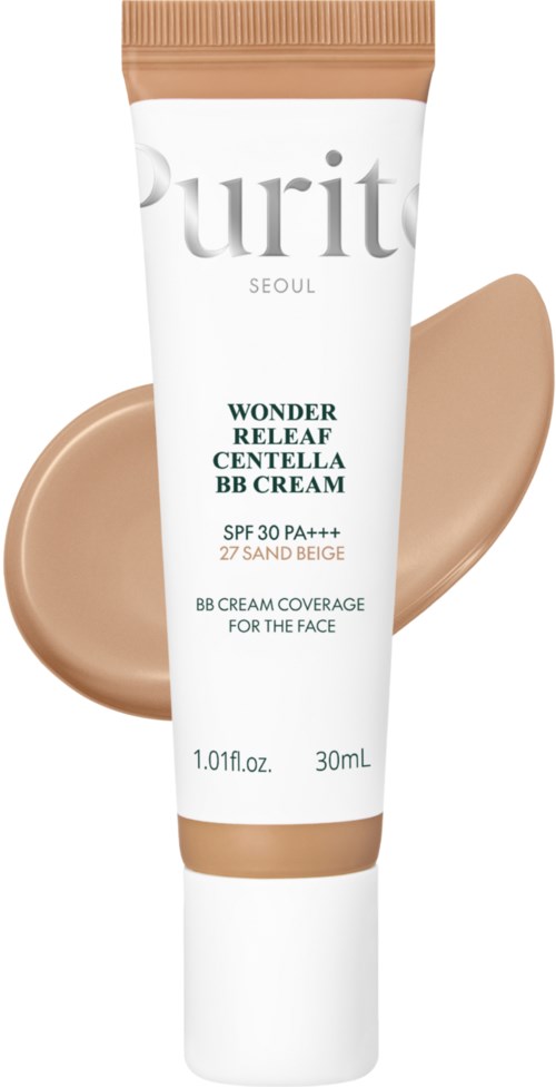 Ein Tuben-BB-Creme in Beigetönen, flasht mit Purito Seoul Wonder Releaf Centella BB Cream, SPF 30, für das Gesicht.