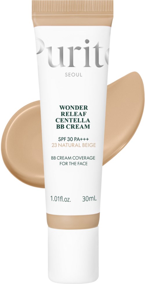 Ein weißer Tubus mit Purito Wonder Releaf Centella BB Cream, beigefarbenem Deckel und Beigetons.