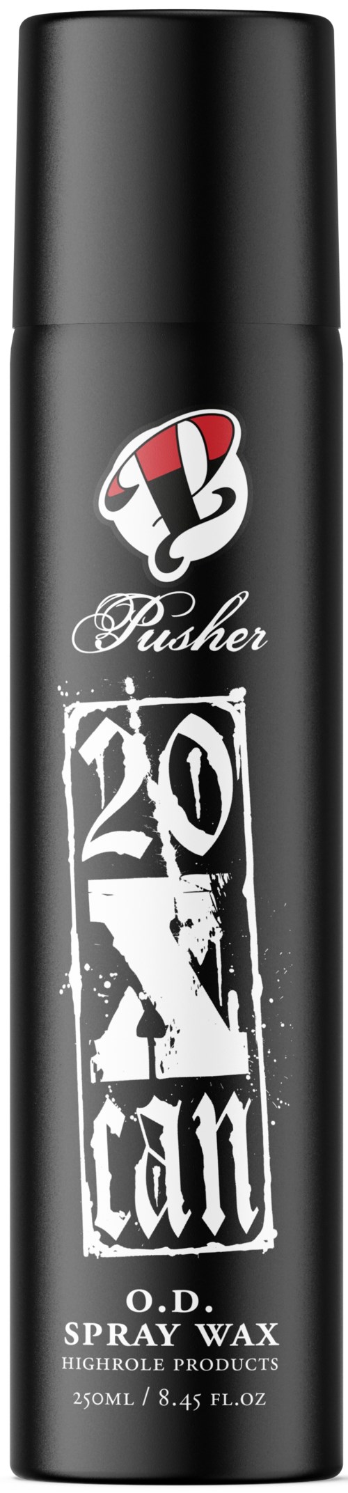 Eine schwarze Spraywachsflasche hat ein rotes, weißes und schwarzes Logo oben. Der Text lautet 'Pusher' und 'OX Jam', mit weiteren Details.